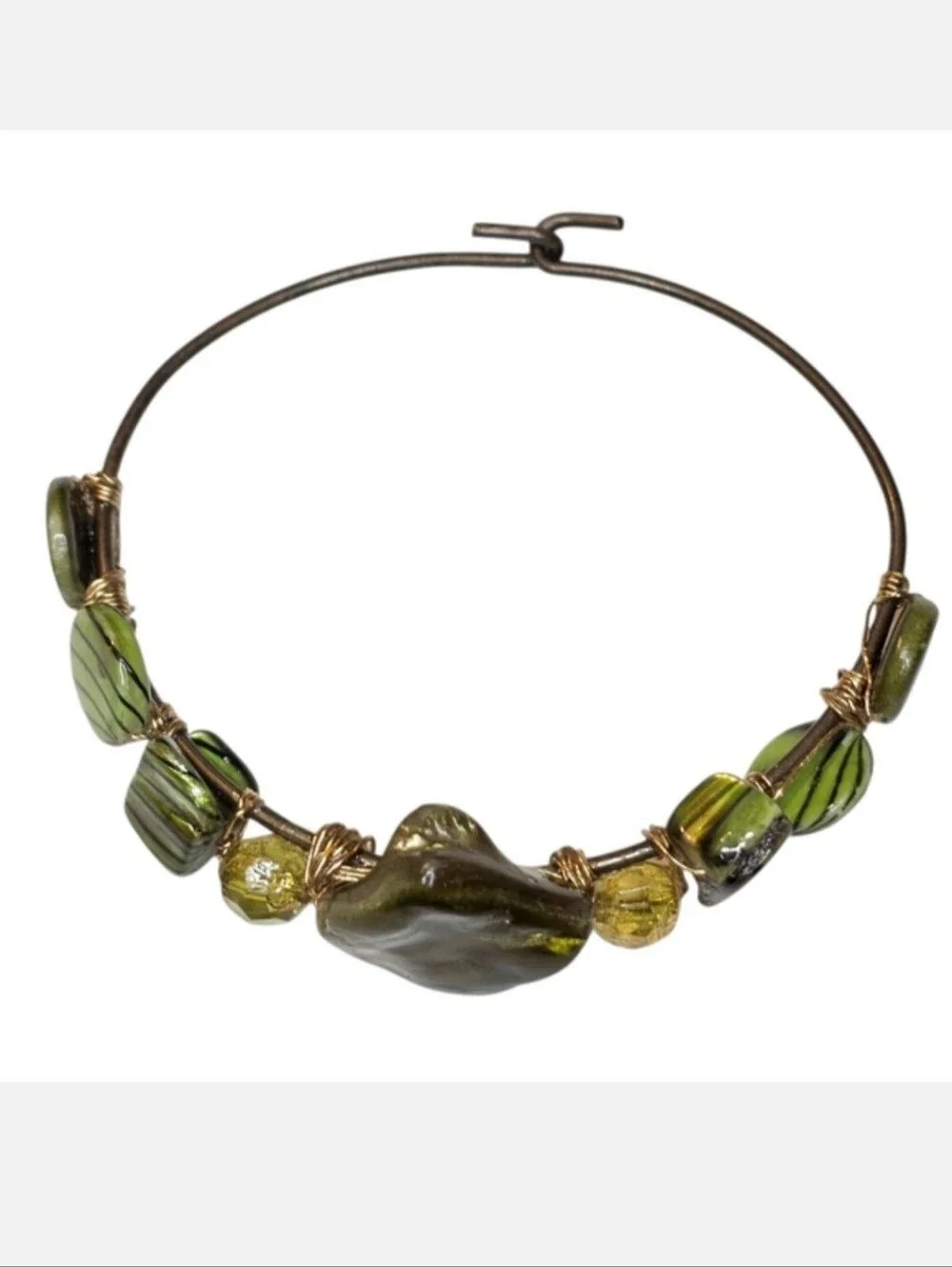 Assorted Green Glass Wire Wrapped Beaded Bracelet Vintage Artisan One Of A Kind